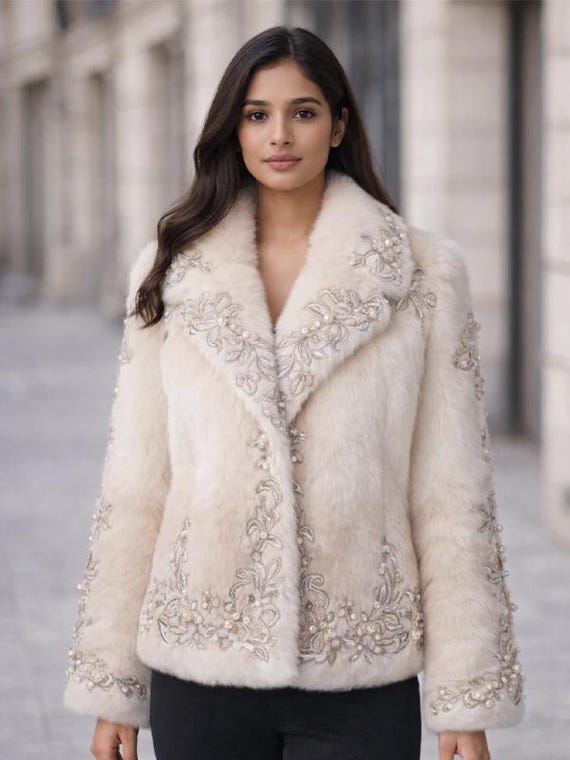 Handmade Beige Faux Fur Jacket Women Embroidered Pearl Floral Short Plush Coat