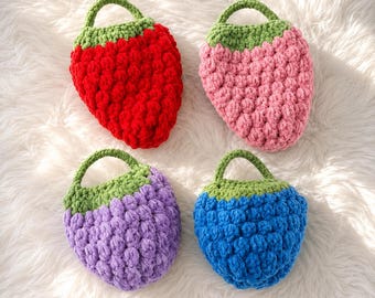 Handmade Crochet Berry Pouch | Strawberry & Blueberry Drawstring Bag | Mini Coin Purse