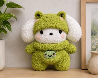 Crochet Puppy Plush, Handmade Amigurumi dog, Kawaii Puppy Doll in frog outfit