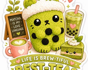 Kawaii Boba Sticker | Bubble Tea Animal Die Cut Vinyl | Matcha Lover Gift (3 Inch)