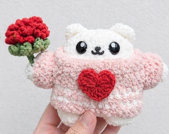 Crochet Bear with Heart Sweater and Flower – Handmade Amigurumi Plush Toy