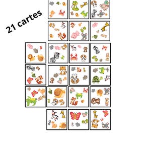 Może przedstawiać: Zestaw 21 ilustrowanych kart z różnymi zwierzętami, takimi jak krab, pies, kaczka i zebra. Każda karta ma czarną obwódkę i białe tło. Widoczny jest tekst "21 cartes".