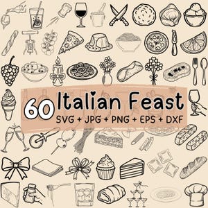 Paquete SVG de fiesta italiana, invitaciones para fiesta mediterráneas con doodle, ilustración italiana dibujada a mano con comida y bebida, diseño caprichoso editable