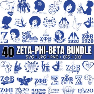Peut inclure: Un ensemble de 40 graphiques Zeta Phi Beta en bleu et blanc. Les motifs comprennent des silhouettes de femmes, des talons hauts, des colombes et les lettres grecques ZΦB. Le texte comprend "Zeta Phi Beta", "1920" et "Zeta Queen".