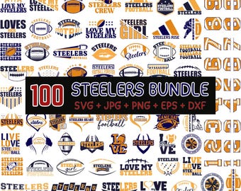 Könnte beinhalten: Eine Sammlung von 100 Steelers-Designs in den Formaten SVG, JPG, PNG, EPS und DXF. Die Designs zeigen Fußbälle, Teamlogos und Textelemente in Schwarz, Gold und Weiß. Der Text enthält Sätze wie "Steelers", "Love My Steelers" und "Steelers Football."