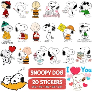 May include: A collection of 20 Snoopy Dog stickers in various poses and outfits. The stickers feature Snoopy with phrases like "Free hugs", "Cozy vibes", and "I love you". The stickers are available in SVG, JPG, PNG, EPS, and DXF formats.