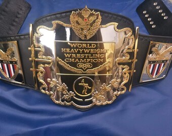 AWA World Heavyweight Wrestling Championship Belt Replica, 24K Gold Plated Zinc Plates, Real Leather Strap, Adult Size, Man Cave Display