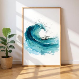 Impressão em aquarela emoldurada com barco de origami - pôster de arte oceânica - presente de decoração feito à mão