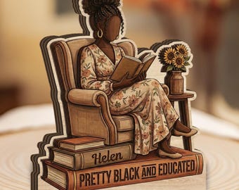 Personalized African American Girl Reading Books Decor, Custom Name Wooden Block