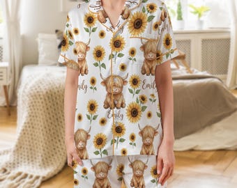 Personalized Highland Cow Pajamas with Sunflowers: Custom Name Satin Short Set for Women