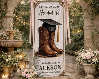 Personalized Linen Tapestry: Graduation Photo Backdrop Western Cowboy Boot Decor Banner