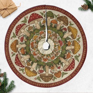 Mushroom Christmas Tree Skirt – Circular Holiday Decor, Woodland Print with Pinecones and Berries