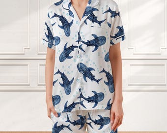 Valhaj Satin Pyjamas Set – Havsdjursmönster Nattkläder för Dam