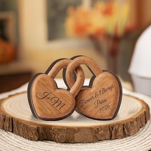 Personalized Love Padlocks Wooden Block: Engraved Interlocking Hearts Custom Shelf Sitter
