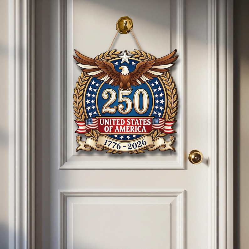 K&ouml;nnte beinhalten: Ein dekoratives Holzschild f&uuml;r die Wand mit einem Wei&szlig;kopfseeadler mit ausgebreiteten Fl&uuml;geln &uuml;ber der Zahl 250, dem Text UNITED STATES OF AMERICA und den Jahren 1776-2026. Das Design umfasst einen blauen Hintergrund mit wei&szlig;en Sternen, goldenen Lorbeerkr&auml;nzen und Flaggen.