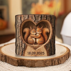 Może przedstawiać: Drewniany blok wyrzeźbiony na kształt pnia drzewa, z wycięciem w kształcie serca, w którym znajdują się dwa obejmujące się wiewiórki. Imiona "Alex" i "Sam" są wyryte, wraz z datą "18.09.2025".
