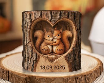 Personalized Squirrel Love Wooden Block Sculpture | Custom Anniversary Gift with Names & Date