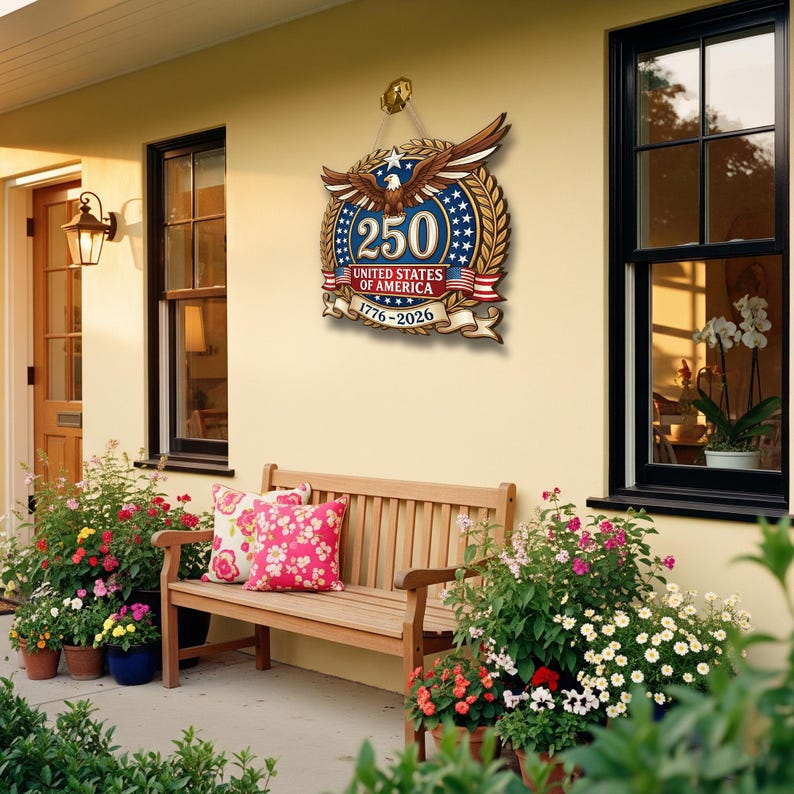 K&ouml;nnte beinhalten: Ein kreisf&ouml;rmiges Wandschild mit einem Wei&szlig;kopfseeadler mit ausgebreiteten Fl&uuml;geln &uuml;ber der Zahl 250, dem Text UNITED STATES OF AMERICA und den Jahren 1776-2026. Das Design umfasst einen blauen Hintergrund mit wei&szlig;en Sternen, goldenen Lorbeerbl&auml;ttern und roten B&auml;ndern.