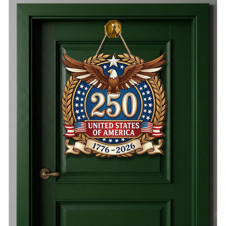 K&ouml;nnte beinhalten: Ein kreisf&ouml;rmiger Wandbehang mit einem Wei&szlig;kopfseeadler mit ausgebreiteten Fl&uuml;geln &uuml;ber der Zahl 250, dem Text UNITED STATES OF AMERICA und den Jahren 1776-2026. Das Design umfasst goldene Lorbeerbl&auml;tter, blaue Akzente, wei&szlig;e Sterne und zwei kleine Flaggen.