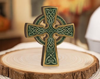 Celtic Cross Wooden Sign: Green Knotwork And Shamrock Standing Decor, Irish Heritage Wood Block