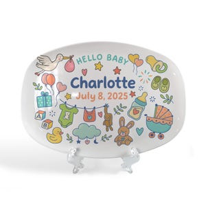 Personalized Baby Shower Gift Platter, Newborn Birth Announcement Plate, Custom Name Keepsake for New Parents, Stork Nursery Decor Gift