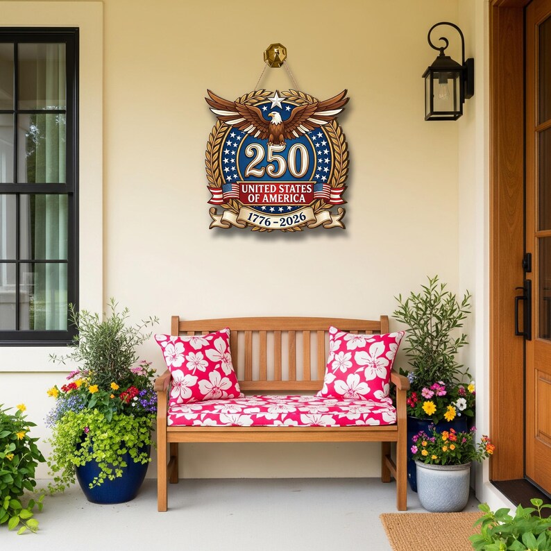 Türschild aus Holz zum 250-jährigen Jubiläum der Vereinigten Staaten: Semiquincentennial Decor 1776 - 2026 Adlerkranz Bild 4