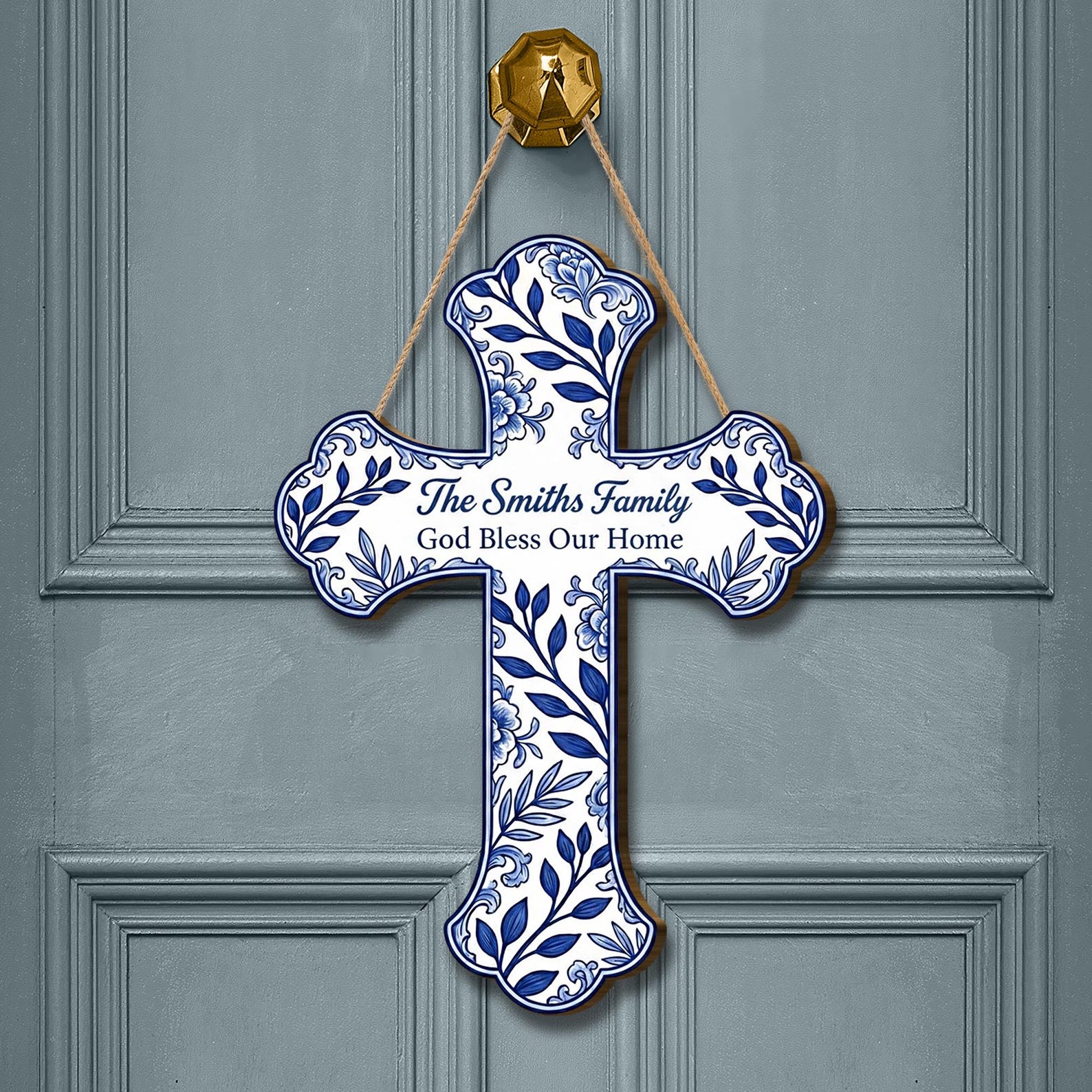 Personalized Wooden Cross Wooden Sign: Chinoiserie Floral Home Decor Blue and White Wall Hanging - 16 inches