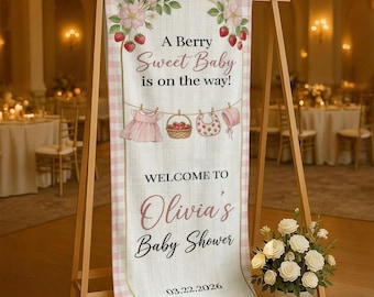 Personalized Linen Baby Shower Tapestry: Strawberry Theme Welcome Sign with Name Date Banner