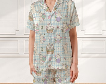 Personalized Bunny Pajama Set: Pastel Plaid Satin Sleepwear