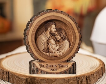 Personalized Wood Photo Plaque: Custom Portrait Printed Rustic Tree Slice Wooden Block