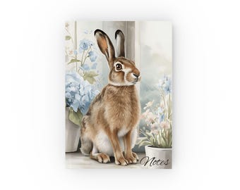 Brown Hare Illustration Hard Backed Journal | Rabbit Notebook, Floral Spring Cover