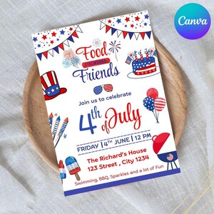 Faire-part modifiable du 4 juillet | Invitation barbecue imprimable pour le jour de l'indépendance | Modèle de toile modifiable Faire la fête aux États-Unis
