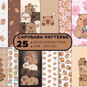 May include: A set of 25 high-resolution capybara patterns available as PDF and JPG files. The designs showcase capybaras in diverse poses and settings, with varied colour schemes and backgrounds, perfect for digital projects.