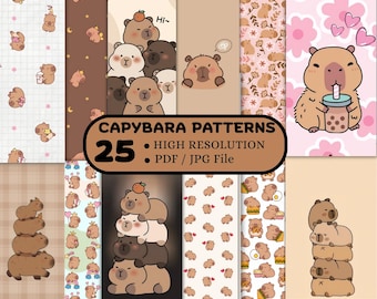Cute Capybara Patterns | Kawaii Animal Digital Paper (JPG & PDF)