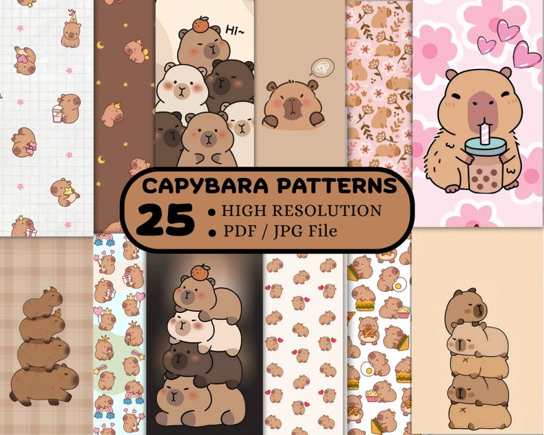 May include: A collection of 25 high-resolution capybara patterns in PDF and JPG file formats. The patterns feature various illustrations of capybaras in different poses and settings, with a variety of color schemes and backgrounds.