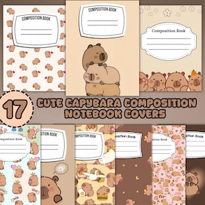 Peut inclure: Une collection de 17 couvertures de cahiers de composition avec des illustrations de capybaras mignons. Les couvertures présentent divers motifs, y compris des motifs répétitifs et des capybaras empilés. Chaque couverture comprend une étiquette "COMPOSITION BOOK".