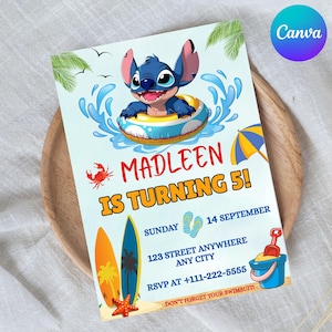 Stitch Pool-Party Einladung | Stitch-Geburtstags-Einladung | Bearbeitbar Schwimmparty |  Canva Vorlage | Digitaler Download | Druckbare Kinder Karte