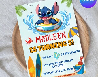 Stitch Pool Party Invitation: Editable Kids Birthday Card Digital | Download, Canva Template
