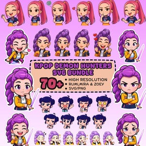 May include: A collection of cartoon illustrations of anime-style female characters with various expressions. The characters have pink or purple hair and are wearing different outfits. The image includes the text "KPOP DEMON HUNTERS SVG BUNDLE".