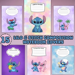 May include: A selection of 15 composition notebook covers showcasing Stitch from Lilo & Stitch. Each cover displays a different design of Stitch, with the text "Composition Book" at the top. The notebooks are ideal for school or personal use.
