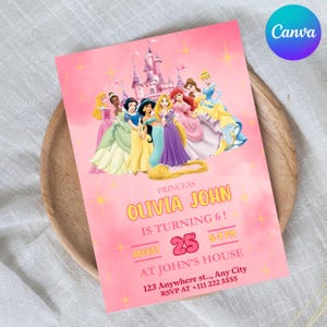 Princess Birthday Invitation | Girl Birthday Invite | Disney Princess Party Template | Pink Princess Birthday Card | Instant Download
