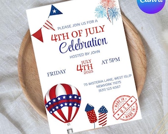 Editable 4th of July Party Invitation: Patriotic USA Canva Template (Digital Download