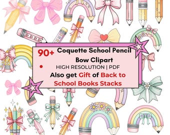 Coquette Pencil Bow Clipart Bundle: School PNG Graphics (Digital Download