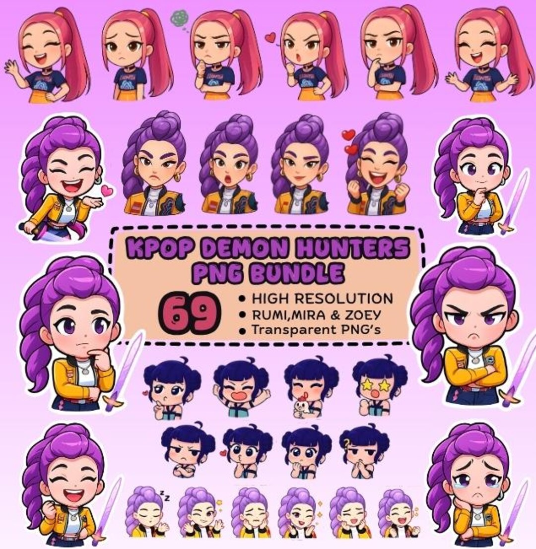 Kpop Demon Hunters Clipart | Chibi Anime Girls PNG Bundle (digital