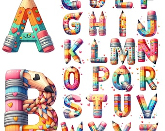 Pencil Alphabet Clipart PNG: Back to School Teacher Font 36 Files