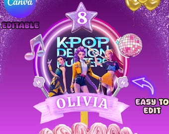 Editable Kpop Demon Hunters Cake Topper, Futuristic Party Decoration (Canva Template)
