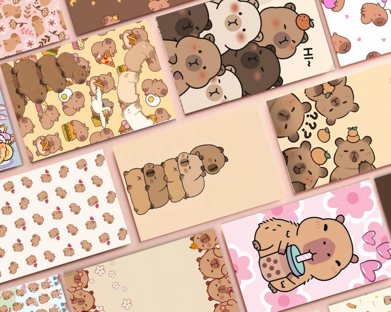 May include: A collection of illustrated postcards featuring cartoon bears in various poses and settings. The cards showcase a range of designs, including bears with food, in groups, and with text. The color palette includes shades of brown, beige, pink, and white.
