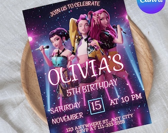 K-Pop Demon Hunters Birthday Invitation, Editable Canva Template (5x7)
