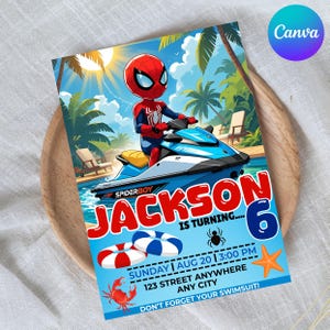Spiderman Jet Ski Birthday Invitation: Editable Superhero Pool Party (5x7 inches)
