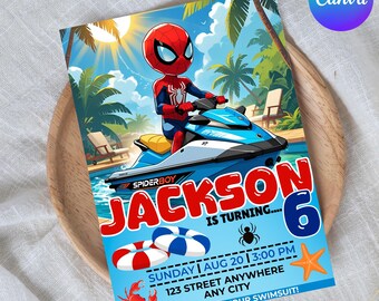 Spiderman Jet Ski Birthday Invitation: Editable Superhero Pool Party (5x7 inches)